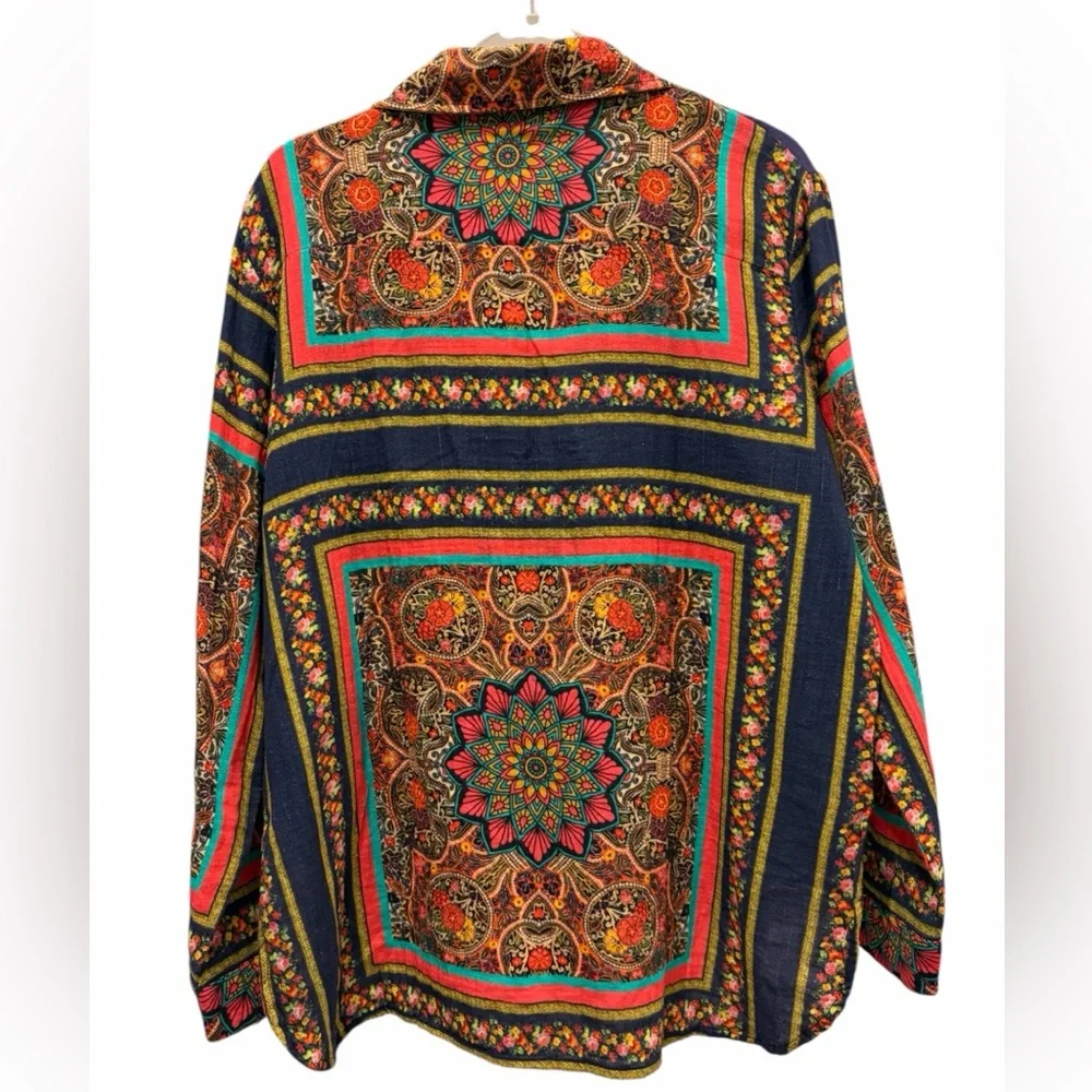 All About Her Embroidered Mosaic Button-Up Shirt 100% Cotton (XL) Hippie Gypsy - Picture 3 of 17